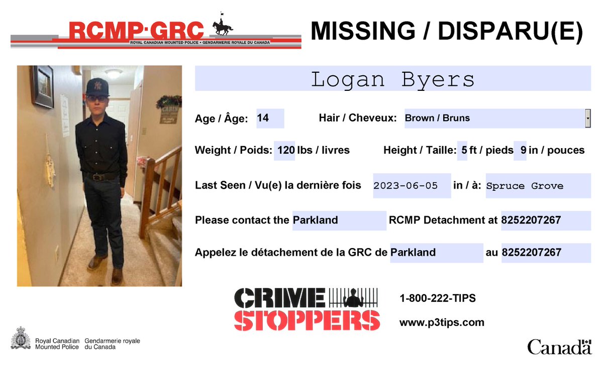 #Missing: Logan Byers, 14, #SpruceGrove.