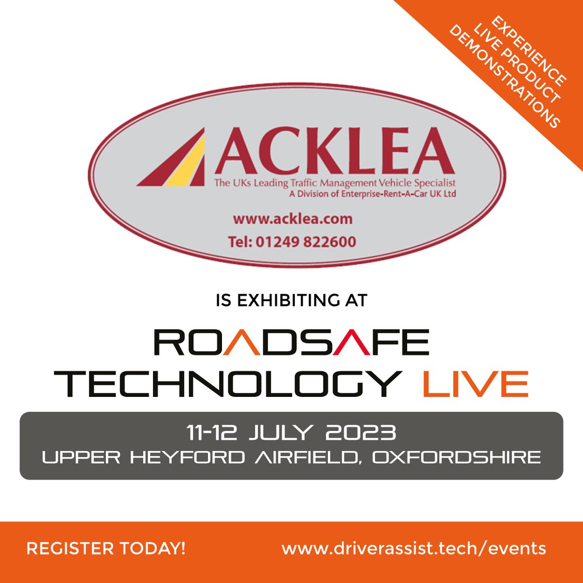 Visit #Acklea at the #RoadSafeTechnology Live event next month
When: 11-12 July 2023
Where: Upper Heyford Airfield, Bicester, Oxfordshire

Register today! lnkd.in/eAB9Xm7Q

This event is supported by Roadsafe.

For further event information, contact taran@driverassist.tech