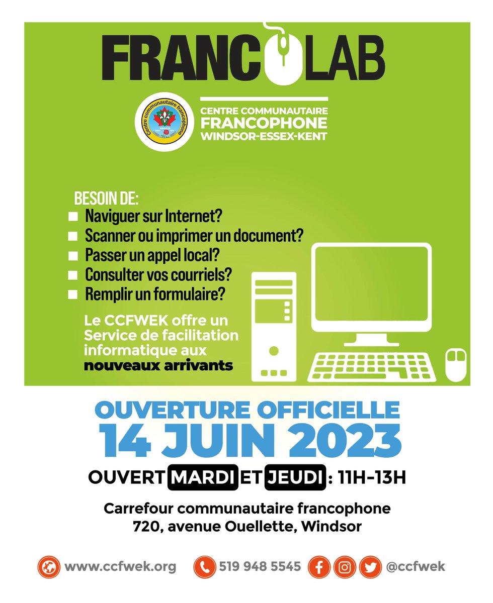 Besoin urgent de naviguer sur Internet? 
Scanner ou imprimer un document d'immigration? Passer un appel local ou
Consulter vos courriels?
Le CCFWEK met à la disposition des nouveaux arrivants le #FRANCOLAB (facilitation informatique) ouvert  les  Mardis et Vendredis 11 h à 13 h.