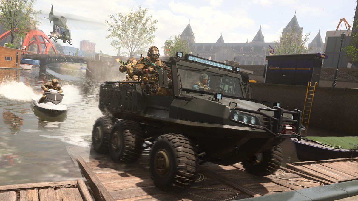 CallofDuty's tweet photo. Need a jack-of-all-trades for cruising the streets and canals of Vondel? 👀

Carry up to four passengers while traveling over both land and water with the Tactical Amphibious Vehicle. https://t.co/WtBQHAUByV