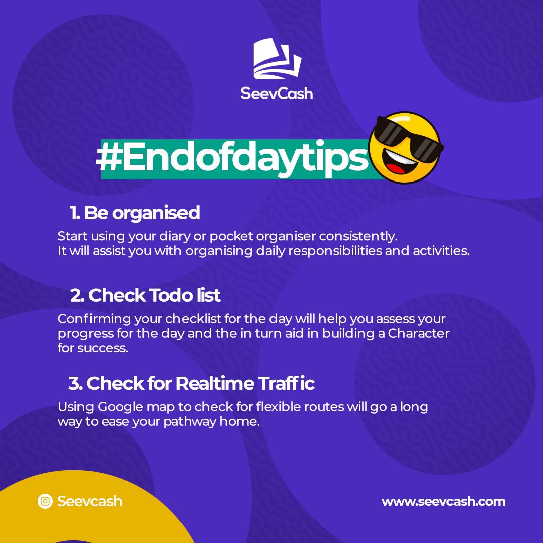 seevcash's tweet image. Working and earning money 💰 are important, but it is equally crucial to maintain organization. 

To help you end your day with a winning mindset, here are some tips: 👇

#SuccessMindset #ProductivityHacks #OrganizationTips #WorkLifeBalance #GoalSetting
