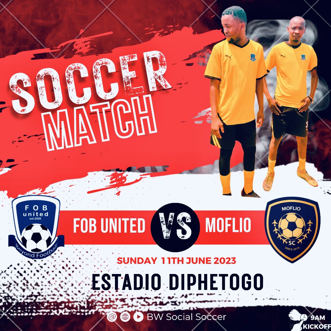 ‼️ Fixture Alert ‼️

⚽ @FobUtd vs @MoflioSC 🥅

🗓️ 11 June 2023 ⛅ 🌼

📍 Estadio Diphetogo, G-West 🏟️

⏰ 09:00HRS Kickoff ☀️ 💧🫡

#BeyondFootball 
#BWSocialClubs 
#sundaysoccer