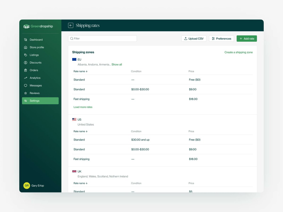 pixel1studio's tweet photo. E-commerce shipping policies just got easier! 👏 For Greendropship, we designed a UI to streamline shipping rate policies - across regions, methods, and prices. 

Interested to learn more? Visit the full case study:
https://t.co/a87fZ3UTYm https://t.co/rImlDxQkQj