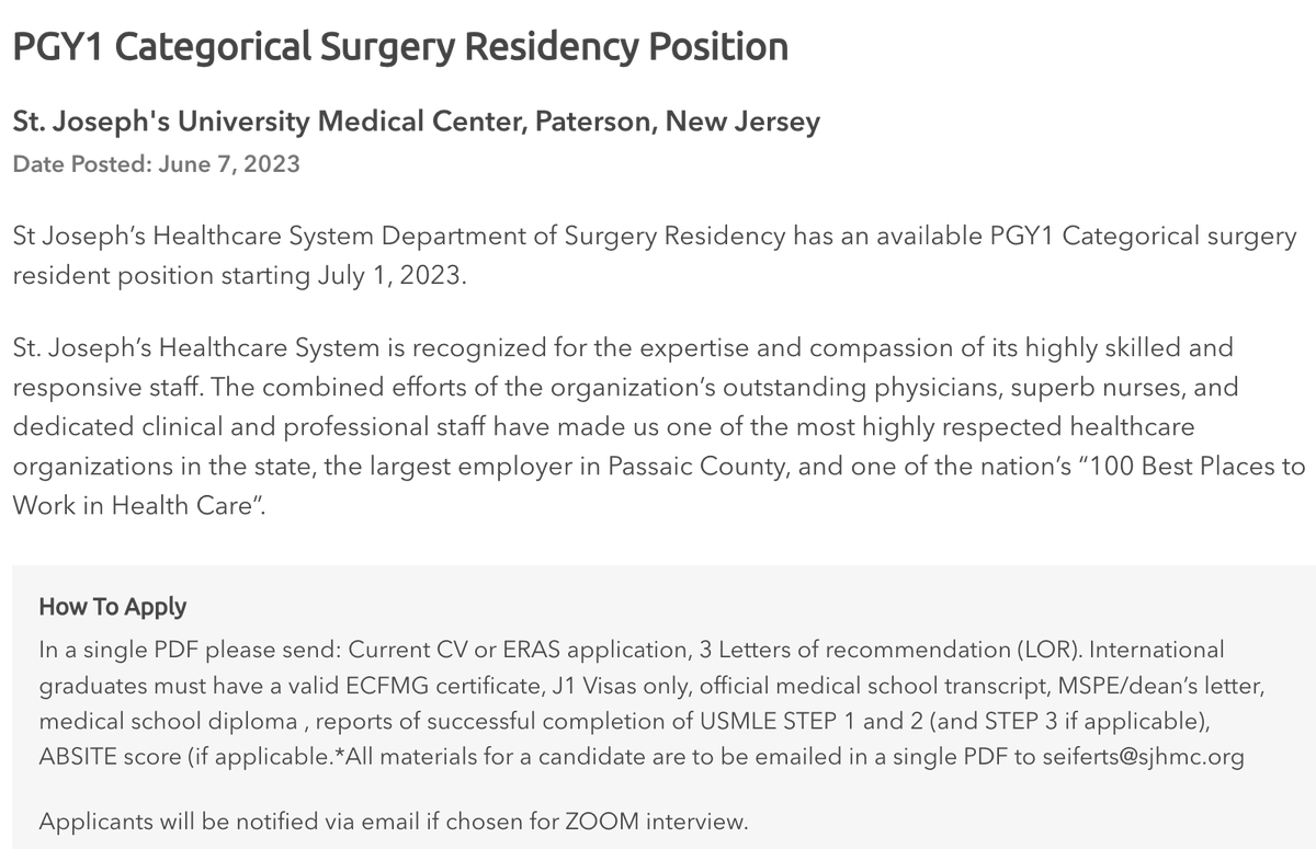 PGY-1 Categorical #GeneralSurgery Residency Opening
St. Joseph's University Medical Center
Paterson, New Jersey 
Posted: June 7, 2023
Start:  July 1, 2023
Info/Apply HERE: apds.org/education-care…

#InsideTheMatch #UnmatchedMD #GenSurg