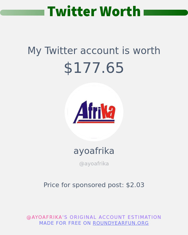 ayoafrika's tweet photo. My Twitter worth is: $177.65

➡️ https://t.co/2BBhZViXOP https://t.co/H7Nv85IzFh
