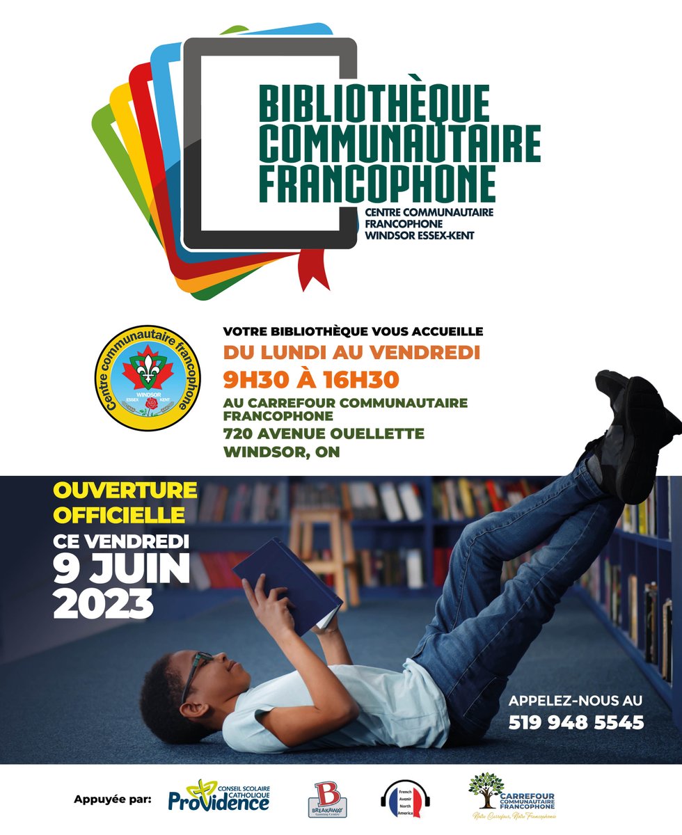Ouverture officielle de la Bibliothèque Communautaire francophone ce Vendredi 9 juin au Carrefour communautaire 720 av. Ouellette, Windsor.
Notre Bibliothèque sera ouverte du Lundi au vendredi de 9 heures à 16 heures.
Des variétés d'ouvrages sont à votre disposition.