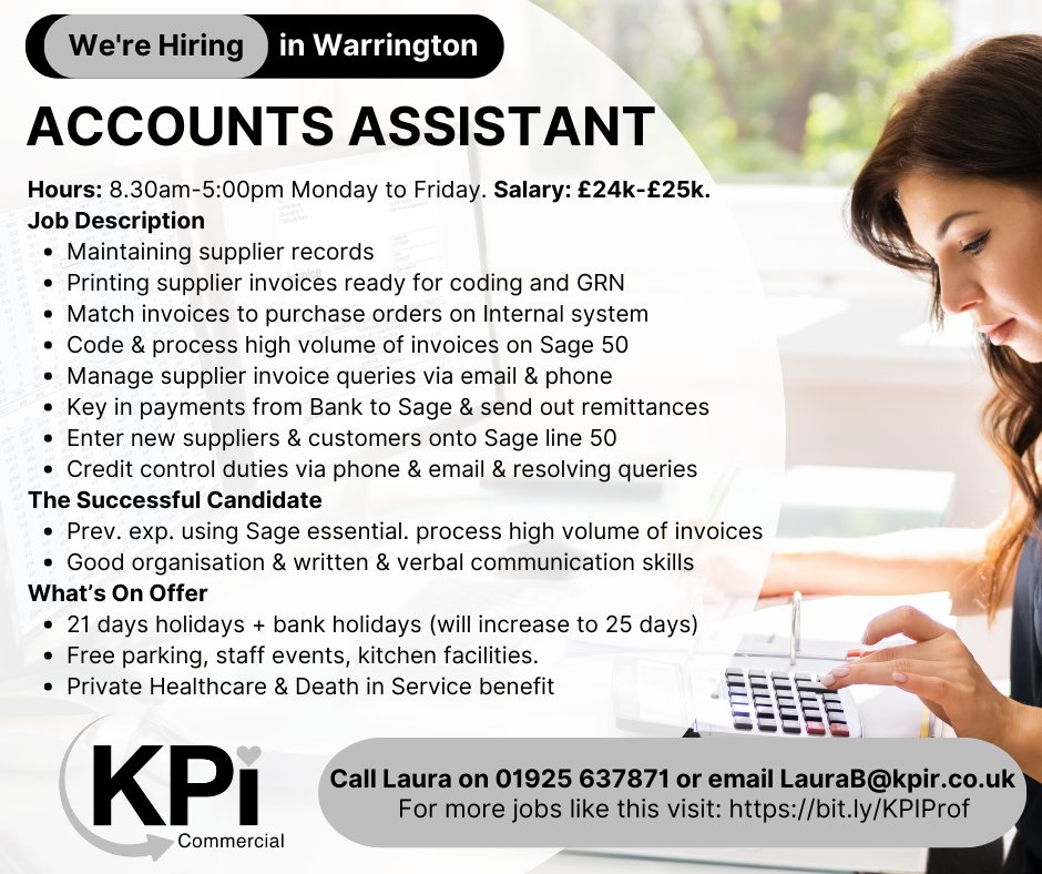 Vacancy: ACCOUNTS ASSISTANT, Warrington. up to £25k + great benefits. Call Laura at KPI on 01925 637871, email LauraB@kpir.co.uk or find out more here: bit.ly/KPIaccounta #AccountsAssistant #accountsjobs #warringtonjobs