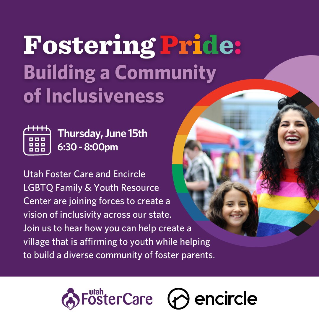 Utah Foster Care and Encircle are joining forces to create a vision of inclusivity across our state. Join us to hear how you can help create a village that is affirming to youth while helping to build a diverse community of foster parents. utahfostercare.org/event/fosterin…