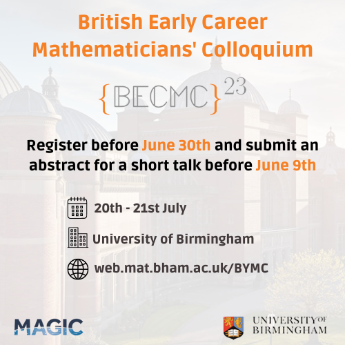 BECMC2023's tweet photo. Deadline for abstract submission is this Friday!

And in case you want to attend without giving a talk, registrations will be open until 30th June 🙂

For more information visit https://t.co/P9TY9Ym8tk https://t.co/ToNPrwfum3