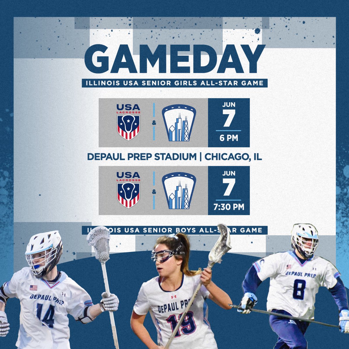 Congratulations to three of our very own lacrosse players who will be participating in the USA Lacrosse Illinois Chapter All-Star Game tonight! 

Danica Barkley <a href="/DanicaBarkley/">Danica Barkley</a> 
Hunter Jaehn <a href="/JaehnHunter/">Hunter Jaehn</a> 
Dane Barkley <a href="/danebarkley/">Dane Barkley</a>