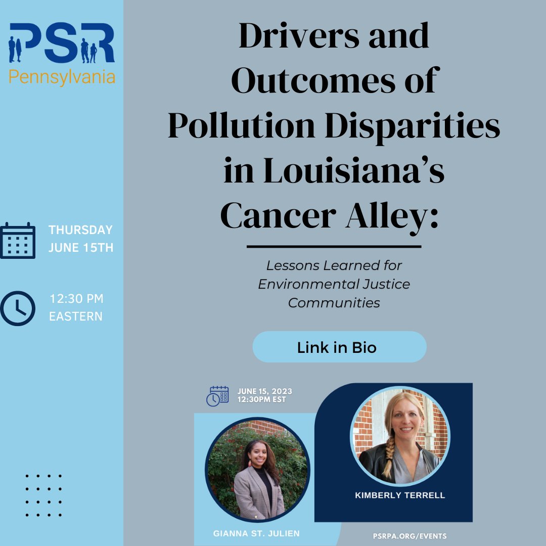 Join us on June 15th! 
Learn more at buff.ly/3oNKc8z 

#PSRPA #Pennsylvania #OilandGas #CancerAlley #Louisiana #Fracking #Pollution