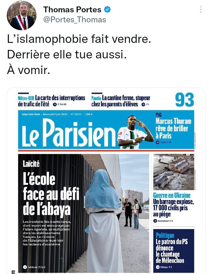 .@Portes_Thomas, qui est accusé de violences sexuelles par de nombreuses femmes, défend le vêtement islamiste qu'est l'#abaya.

En accusant @le_Parisien d'islamophobie, il met une cible sur le front des journalistes.

La dernière personne accusée d'islamophobie est Samuel Paty...