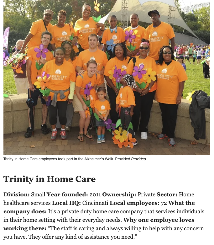 QueenCityHC's tweet photo. Trinity In Home Care is proud to announce we have been named a Top Workplace for 9 years in a row! We are very proud of our staff for their continuous hard work to make this such an amazing place to work. We believe an employee who is cared for will care for our clients! https://t.co/JaY07qZyLh