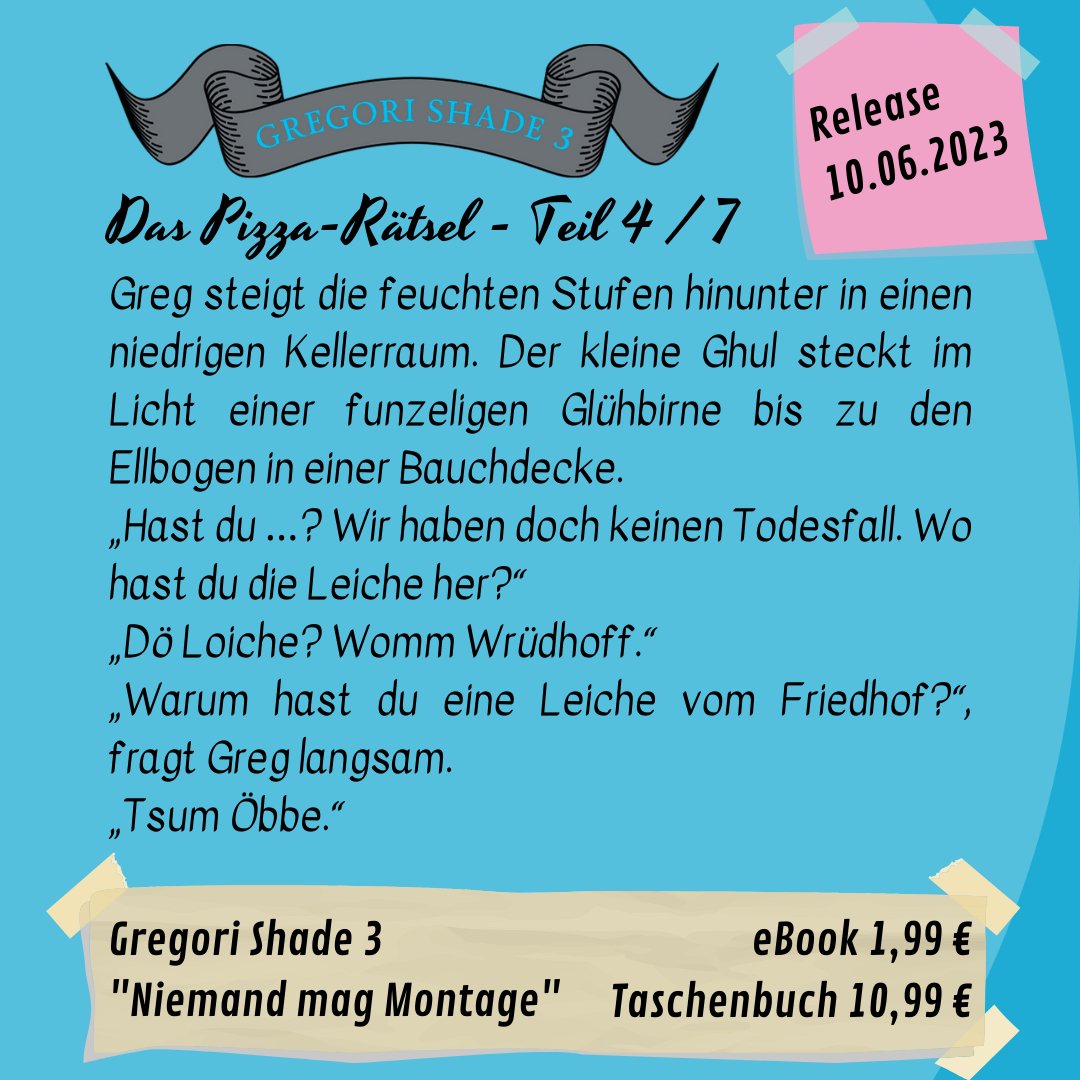 Die Suche nach dem Schuldigen führt Greg in den Untergrund der Wache, wo er auf ein blutiges Geheimnis stößt ... Ja, es geht immer noch um die Frage, wer die Pizza bestellt hatte.

#Buchwerbung #gregorishade #Schnipsel #kriminalroman #fantasybookseries