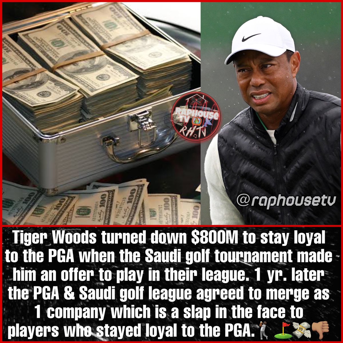 Tiger Woods turned down $800M to stay loyal to the PGA when the Saudi golf tournament made him an offer to play in their league. 1 yr. Yesterday the PGA & Saudi golf league agreed to merge as 1 company which is a slap in the face to players who stayed loyal to the PGA.🏌🏾⛳️💸👎🏽