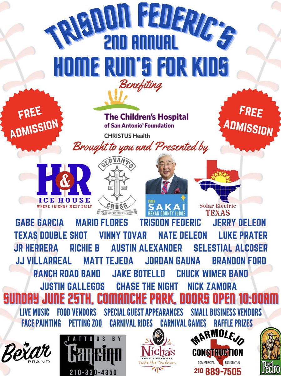 San Antonio, Tx! It’s back! Trisdon Federic’s Home Run’s for Kids, Benefiting The Children’s Hospital of San Antonio! Spread the word, I can’t wait to see y’all there!