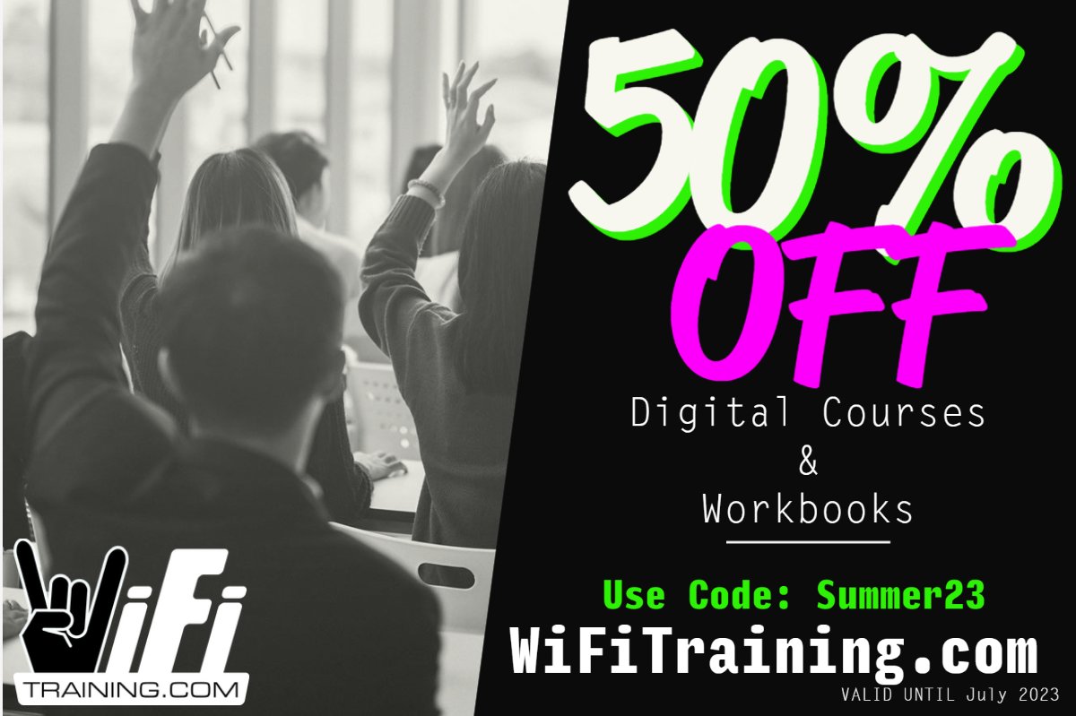 wifitraining's tweet photo. Your favorite promo of the year is here! 50% OFF the latest digital courses, workbooks from #WiFiTraining Highly recommend the new Modern Wireless Pentesting Pt 1 & 2, by @s0lst1c3 w this promo. Basically, Buy 1 get 1 FREE, or just do the #AllAccess, get everything for $999! Or get ANY of your favorite digital classes for the lowest prices of the year! Only at https://t.co/HuEQVuJNbQ @mrncciew @MY80211 @rockstarwifi @carpentertom @DarrellDeRosia @wifi_john