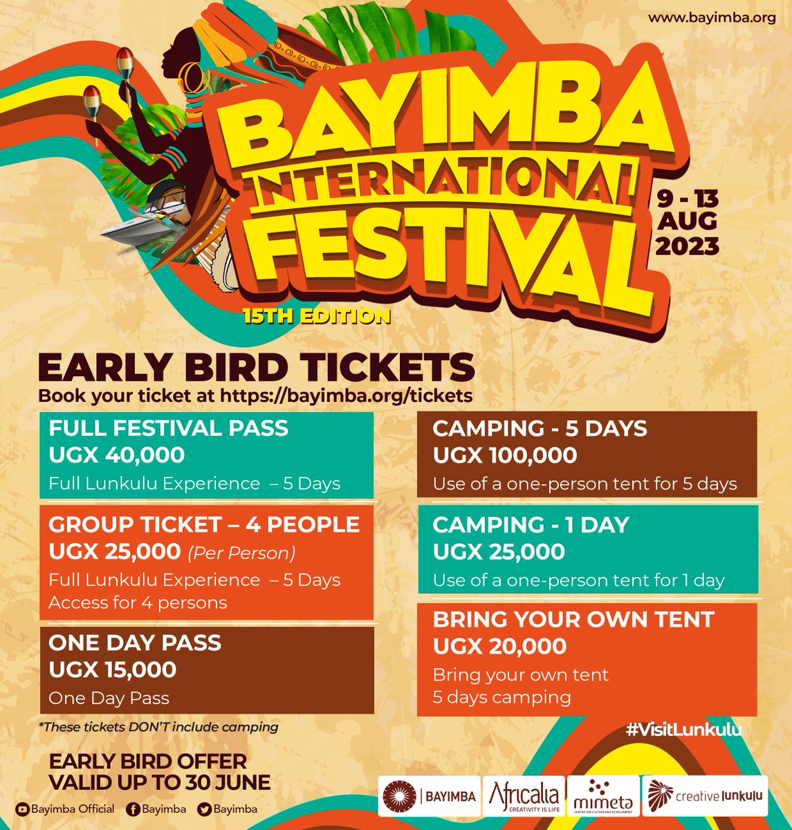 Bayimba's tweet photo. The #BayimbaFestival Early Bird tickets are on sale for a discount till June 30th 2023.

Make sure to get some for you and your squad before they run out and experience the buffet of artists, deejays, bands, comics, poets and performers we have for you.

https://t.co/4zmuVKEXMS https://t.co/rpQkVcztZD