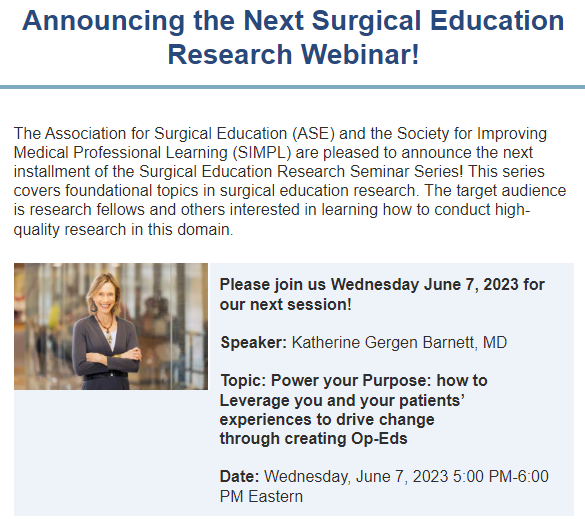 Association for Surgical Education (@surg_education) on Twitter photo Join us today at 5:00 PM Eastern with <a href="/SIMPLCollab/">SIMPL Collaborative</a> and <a href="/doc_kgb/">Katherine Gergen Barnett MD</a> as we discuss driving change through op-ed writing!
Register here: us06web.zoom.us/meeting/regist… Join us today at 5:00 PM Eastern with <a href="/SIMPLCollab/">SIMPL Collaborative</a> and <a href="/doc_kgb/">Katherine Gergen Barnett MD</a> as we discuss driving change through op-ed writing!
Register here: us06web.zoom.us/meeting/regist…