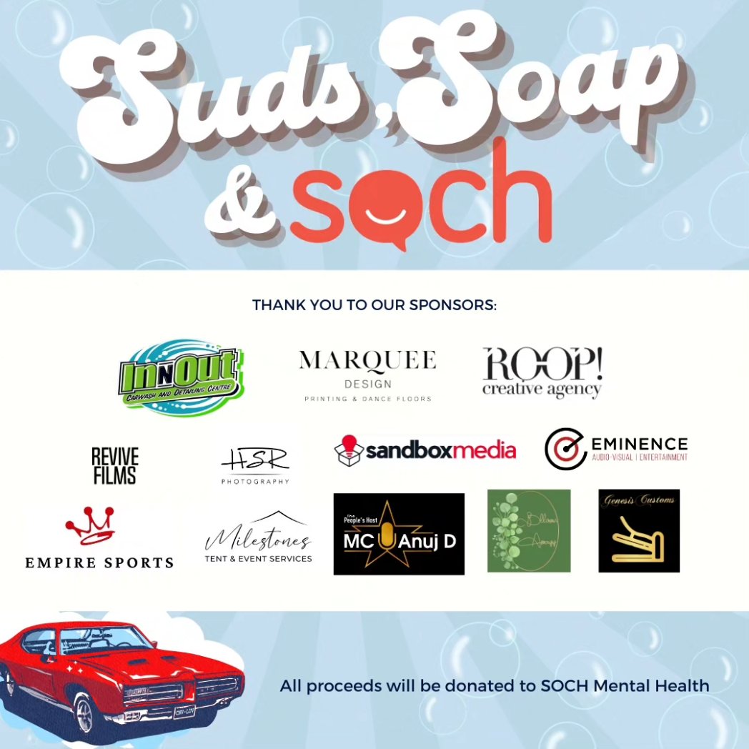 Hey Soch Family! You are invited to Suds, Soap & Soch, our carwash fundraiser happening on Sun June 25th at Queen's Manor. All proceeds will be donated to Soch and will help us continue our mental health programming. Register here stiki.sochmentalhealth.com/suds-soap-soch