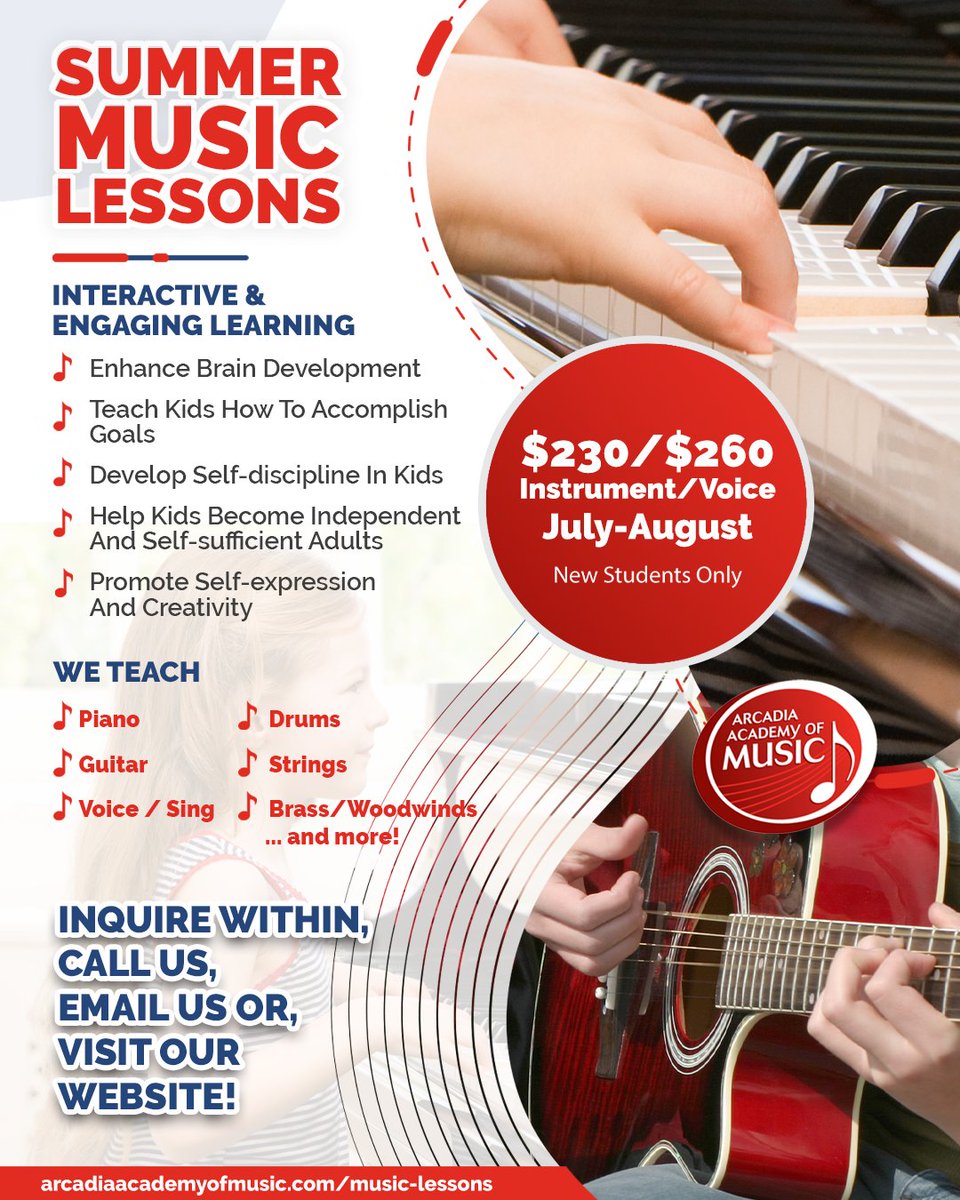 Summer is coming! Sign up for music lessons and unleash that creativity to keep you or your childs brain active this summer! #arcadiaacademyofmusic #musiclessons #summeractivities #summerfun #summer