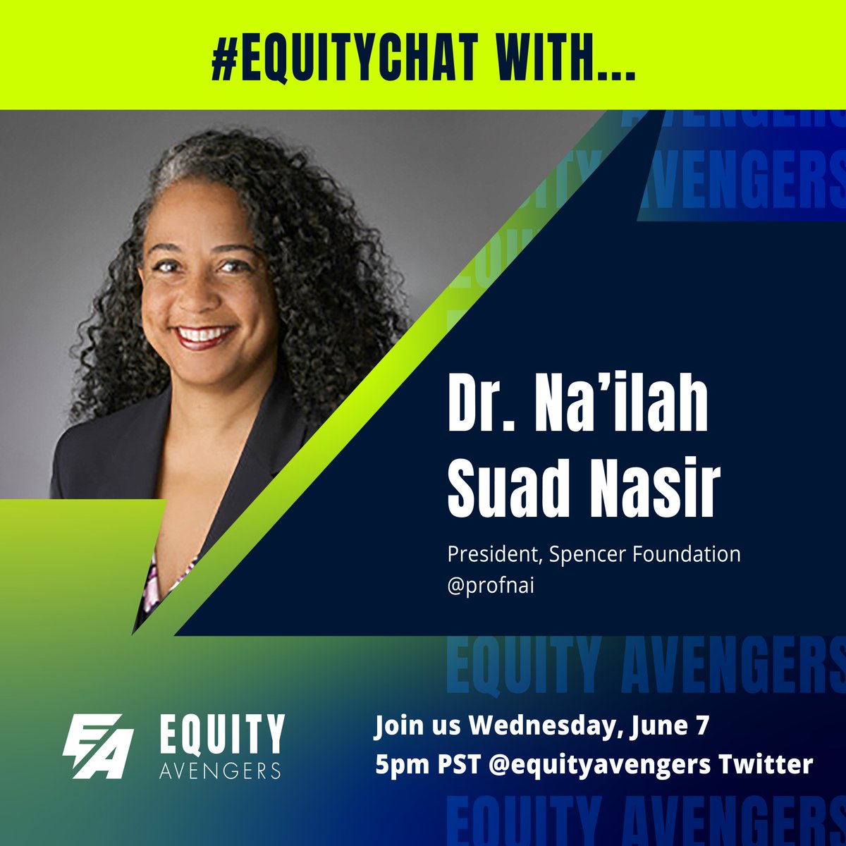 Tonight! We chat with none other than @ProfNai, president of the @spencer_fdn! We will be talking about all things #racialequity and research! Join us 5pm PT right here and follow us to follow along! @DrTammeil @drpamluster & @Iamkeithcurry!