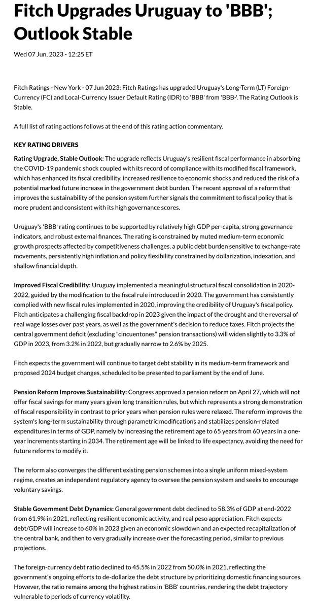 AldoLema_uy's tweet photo. Muy buena noticia para Uruguay: la agencia Fitch le subió la calificación de deuda a BBB después de tenerla varios años al borde de quitarle el grado inversor (en BBB-). https://t.co/uRFgvNYTiu