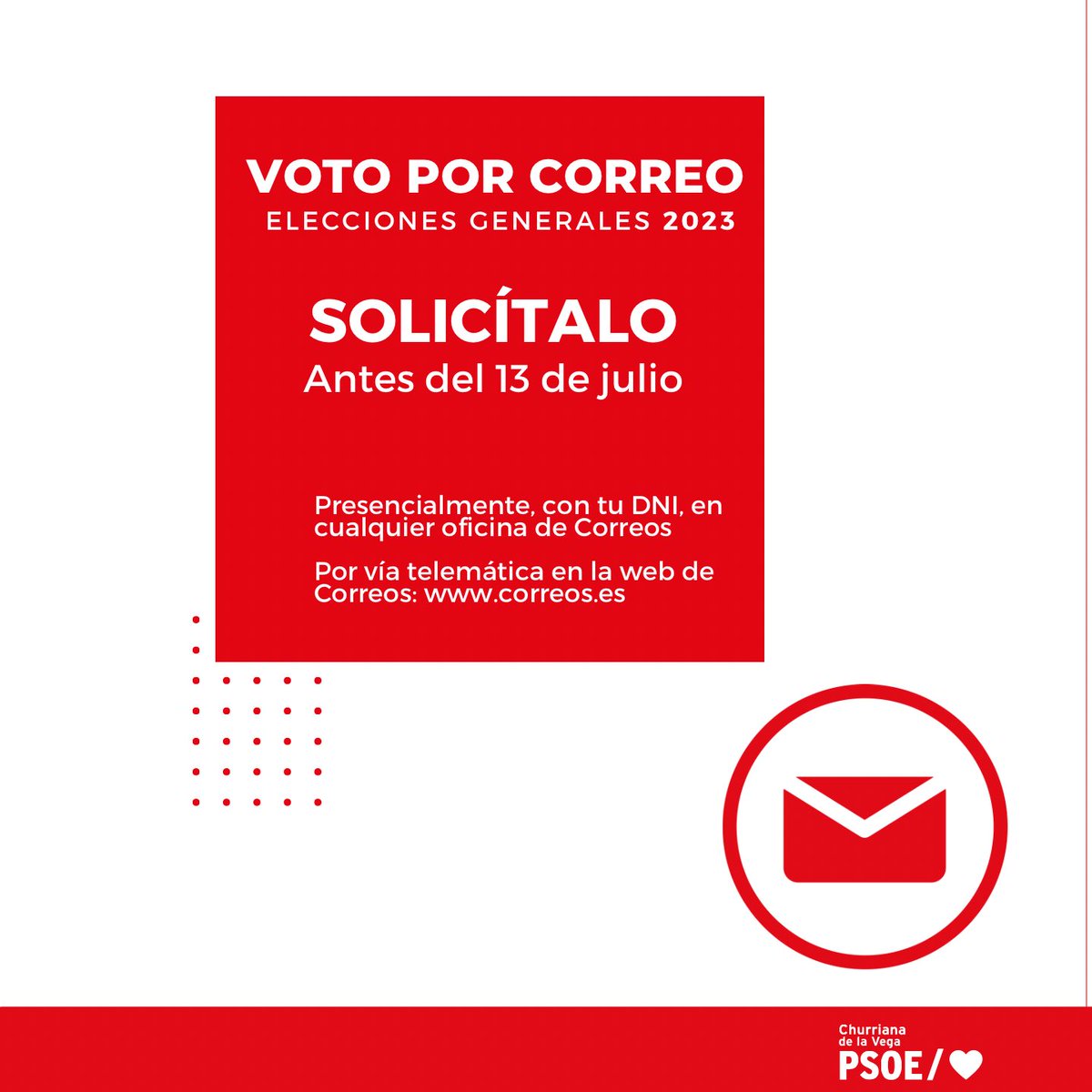 🚨El próximo 23 de julio nos la jugamos, a todo o nada. 

☀️🏝️Si te coincide con las vacaciones y no vas a estar en tu domicilio habitual, solicita el voto por correo. Tienes de plazo hasta el 13 de julio. 

¡No lo dejes pasar! 💌