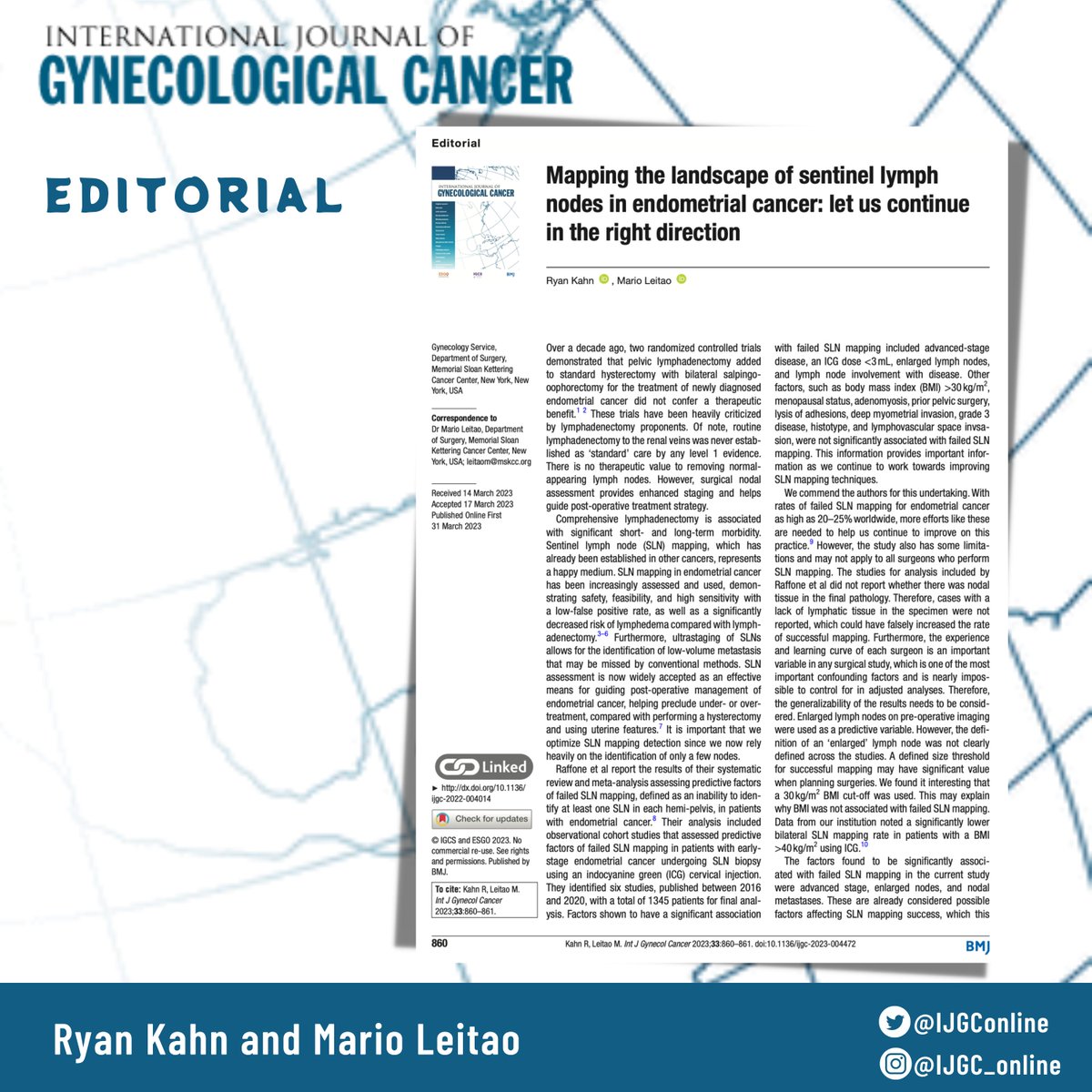 IJGC (@ijgconline) on Twitter photo As SLN assessment in #EndometrialCancer continues to become more widely used, addressing the technique & success of mapping is only one of the many pieces of the puzzle <a href="/leitaomd/">Mario M. Leitao, Jr</a> <a href="/RyanKahnMD1/">Ryan Kahn, MD, MHS</a>
🆓bit.ly/43JHf8s
<a href="/pedroramirezMD/">Pedro T Ramirez</a> <a href="/IGCSociety/">IGCS</a> <a href="/ESGO_society/">ESGO</a> <a href="/OncoAlert/">OncoAlert</a> <a href="/GynMe4/">SoMe4GynOnc</a> As SLN assessment in #EndometrialCancer continues to become more widely used, addressing the technique & success of mapping is only one of the many pieces of the puzzle <a href="/leitaomd/">Mario M. Leitao, Jr</a> <a href="/RyanKahnMD1/">Ryan Kahn, MD, MHS</a>
🆓bit.ly/43JHf8s
<a href="/pedroramirezMD/">Pedro T Ramirez</a> <a href="/IGCSociety/">IGCS</a> <a href="/ESGO_society/">ESGO</a> <a href="/OncoAlert/">OncoAlert</a> <a href="/GynMe4/">SoMe4GynOnc</a>