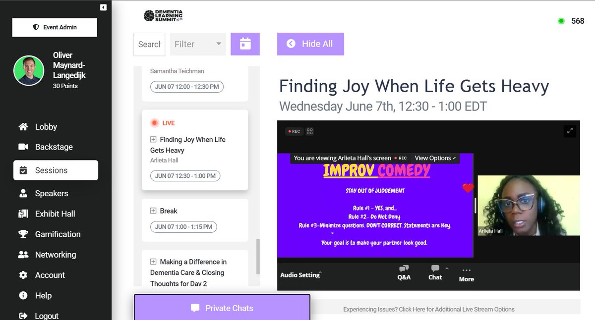 I am LOVING this session with Arlieta Hall. Wow, what a wonderful merger of worlds: #improv, #yesand, &amp; #dementia! Thanks for joining us today comedy legend! 🌈