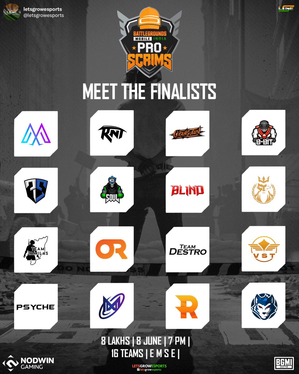 MEET THE FINALISTS - NODWIN PRO SCRIMS
8 June
8 Lakhs
7 PM
16 Teams
Erangel,Miramar,Sanhok & Erangel