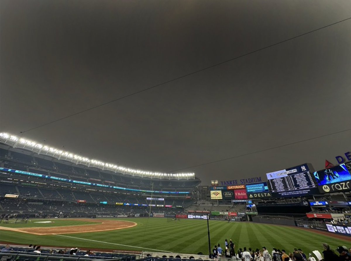 PlayoffTanaka_'s tweet image. The Yankees plan on giving the first 18,000 fans in attendance tonight a free Yankee themed gas mask to prevent them from getting lung cancer from the smoke