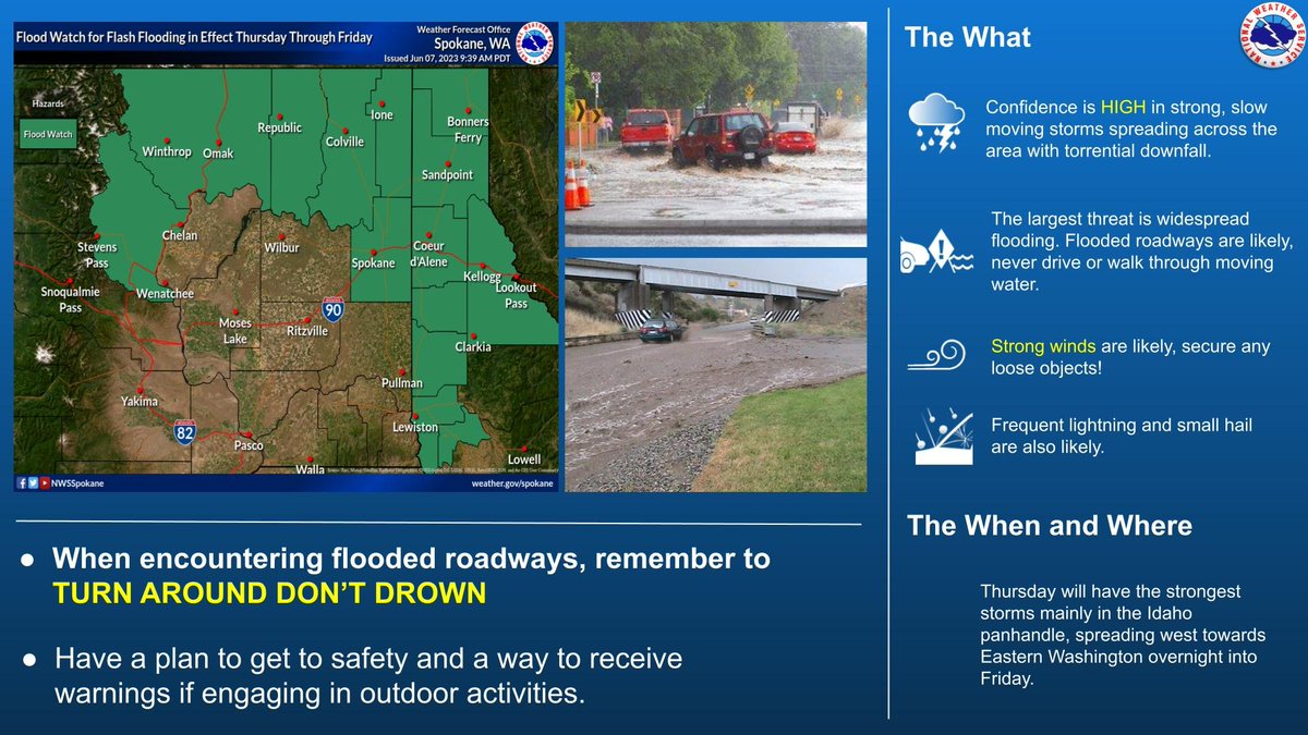 Slow moving storms will be capable of torrential rainfall in the Idaho Panhandle and far Southeastern Washington early to mid-Thursday, spreading more northwestern well into Friday. Strong winds and flash flooding will be the main concerns. #wawx #idwx
