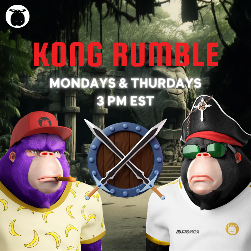 At the #KongClub, we host rumbles every Monday and Thursday with chances to win banana coins, #NFTs, #ETH, and more!

Join our discord to rumble in the jungle.
