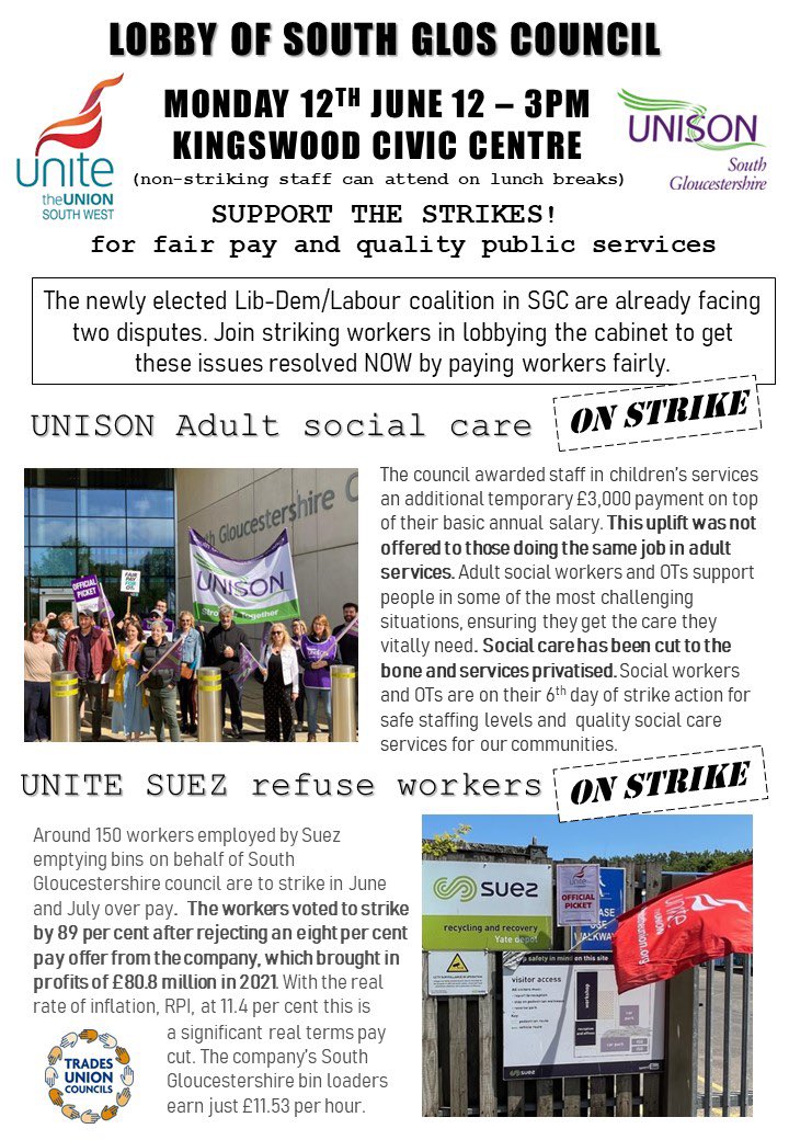 Pay council employees fairly! Support the strike and lobby 12th June 12-3. kingswood civic centre. #socialcare #occupationaltherapsits #fairpay #fairpaysocialcare #southglos