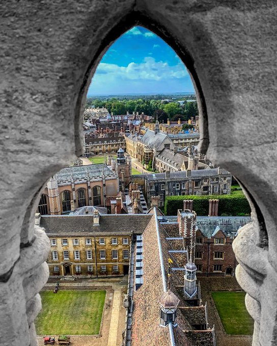 A view from the top of St John's College Chapel. Some historic buildings can be seen below.