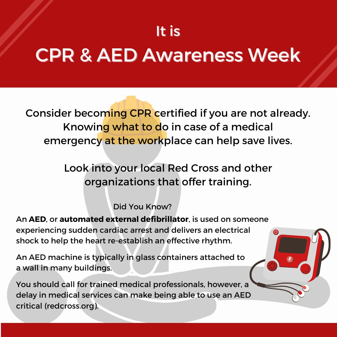 It is National CPR & AED Awareness Week! Are you First Aid and CPR certified? Look into your local trainings to better prepare for a workplace medical emergency.  #CPR #WorkplaceSafety #NationalSafetyMonth