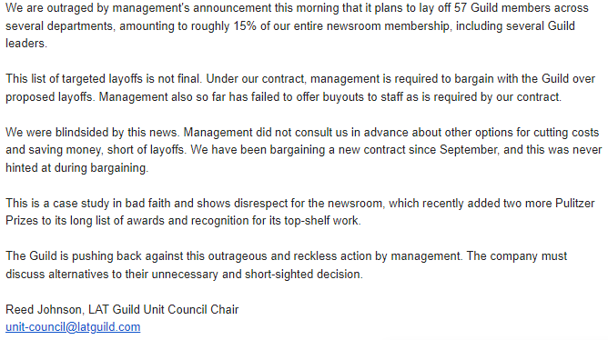 Statement from the <a href="/latguild/">L.A. Times Guild 🦅</a> on the layoffs that were proposed this morning by <a href="/latimes/">Los Angeles Times</a> management:
