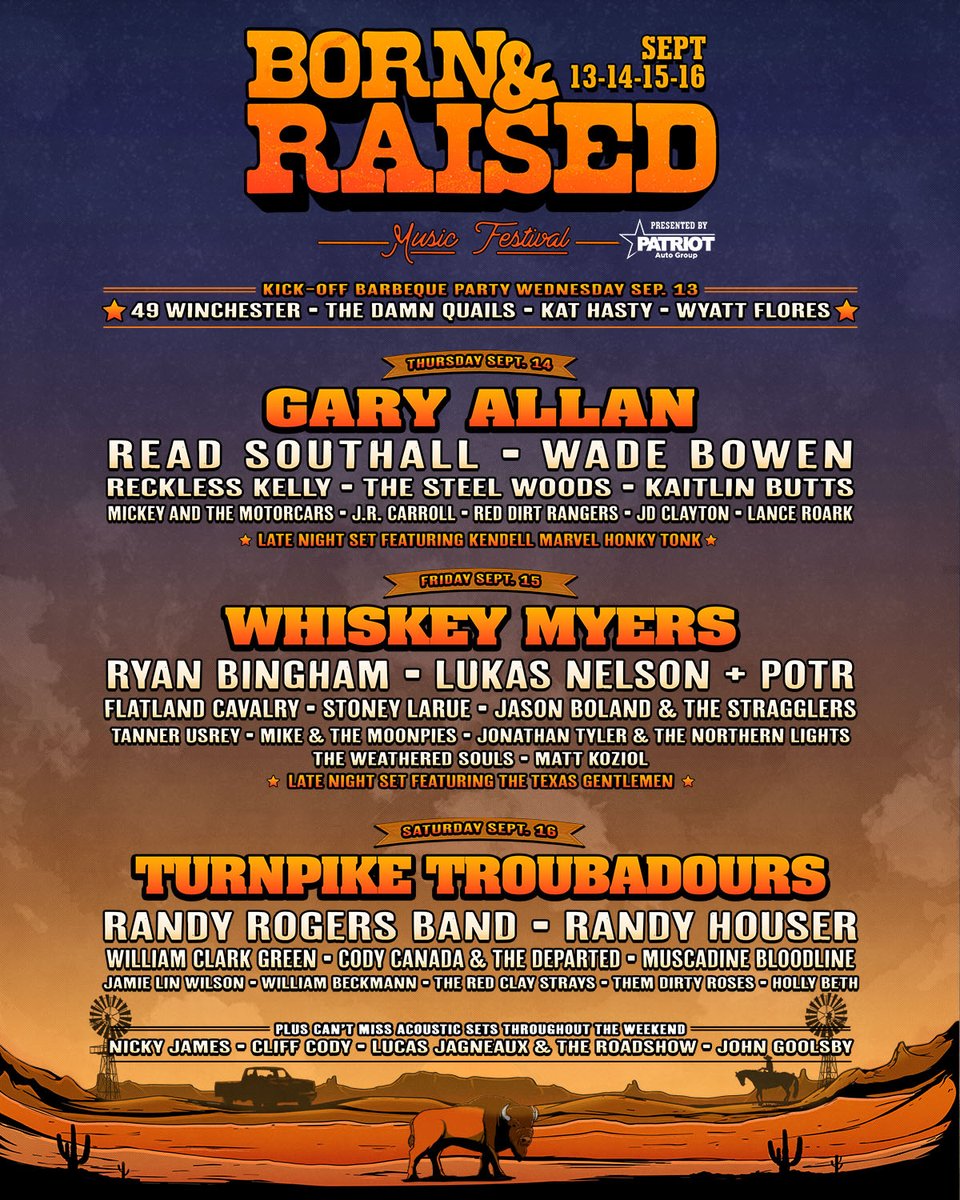 bornraisedfest's tweet photo. Y’all asked, we delivered! 🤠

We’re stoked to announce our single day lineup for Born &amp; Raised 2023! Single-day passes are ON SALE NOW! Get ’em while they’re hot and BEFORE pricing increases on June 26th!

Grab your 🎟️ at https://t.co/5mNfbXOi7o
#BornAndRaisedFestival #reddirt https://t.co/T40YXDhlpz