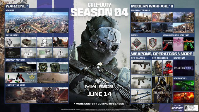 Call of Duty Season 04 Roadmap displaying the seasonal content and updates coming to Modern Warfare 2 and Warzone on June 14.