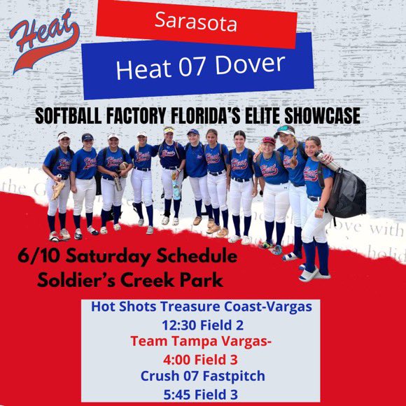 Look out for my #16 jersey on Sarasota Heat at the Softball Factory Florida's Elite Showcase this weekend!!

@sarasotaheat07 
<a href="/GyreneSoftball/">Ave Maria University Softball</a> <a href="/FlaglerSoftball/">Flagler Softball</a> <a href="/DSC_SBall/">Daytona State Softball</a> <a href="/FGCU_Softball/">FGCU Softball</a> <a href="/SCFSoftball/">SCF Softball</a> <a href="/FAUSoftball/">Florida Atlantic Softball</a> <a href="/FSU_Softball/">Florida State Softball 🥎</a> <a href="/LegacyLegendsS1/">Legacy & Legends Softball</a> <a href="/SBRRetweets/">Softball Recruiting Reposts</a> <a href="/u_prospect/">ProspectU</a>