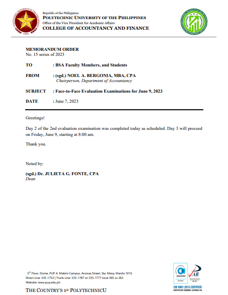 PUPJPIALink's tweet photo. EVALS UPDATE | F2F Evals will proceed as planned

Despite the memorandum posted earlier through the PUP CAF SC suspending the face-to-face classes and shifting to online from June 8–13, the onsite 2nd Evaluation Exams for BSA students will continue on June 9 as planned- 

(1/3) https://t.co/2I1ZjCQHD1