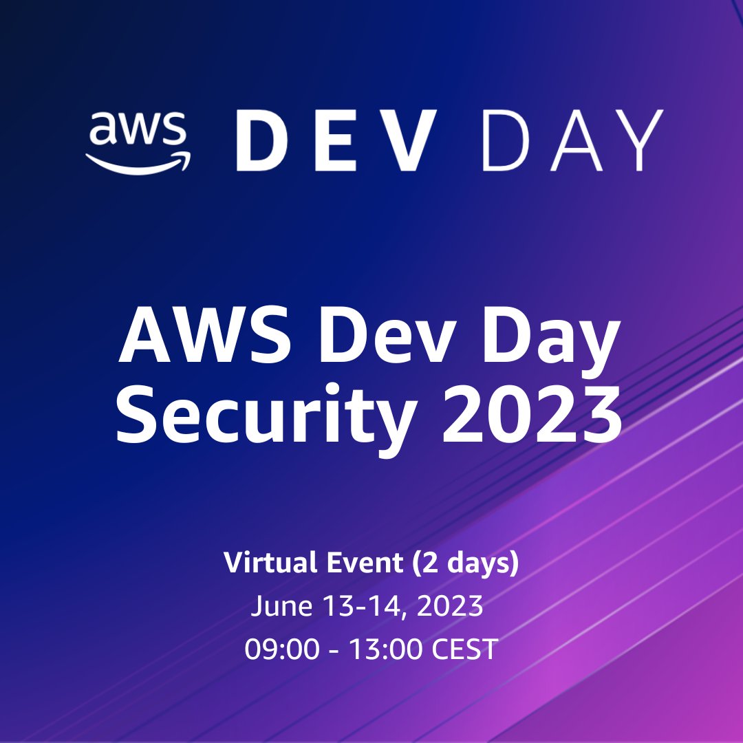 #AWSDevDaySecurity2023 is coming in June 2023! ☁️🔐 
Join our amazing speakers on a two-day virtual event, where you can learn about best practices related to application and infrastructure #Security, on #AWS. 

Register here:
➡️go.aws/3ML224x
➡️go.aws/43CO4Zl