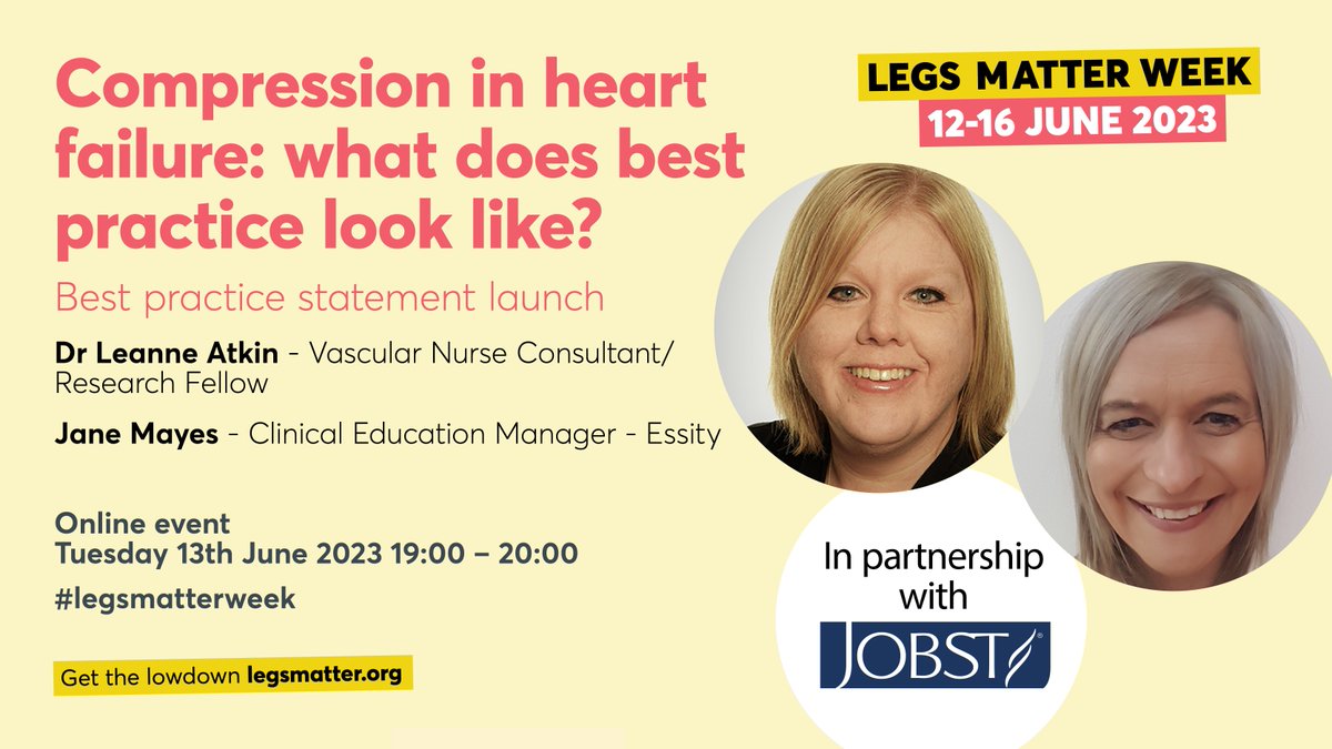 LegsMatter's tweet photo. Join us for 'Compression in heart failure: what does best practice look like?' Online event with @Leannejane1975 and Jane Mayes - super excited about this event in partnership with @JOBSTUK (part of @essity)- Register now https://t.co/xv9xqESQDQ #legsmatterweek https://t.co/MmNlUSpu3z