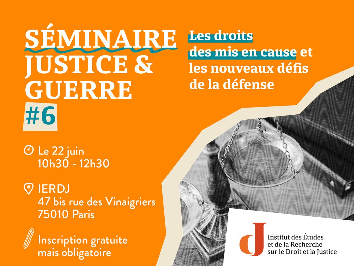 #Séminaire IERDJ « Justice et Guerre » #6 sur la défense devant les tribunaux internationaux. ⚖️ Quels enjeux au vu de l’évolution des cadres d’enquête et de coopération ? ➡️ Inscription et infos ici : urlz.fr/lTvv