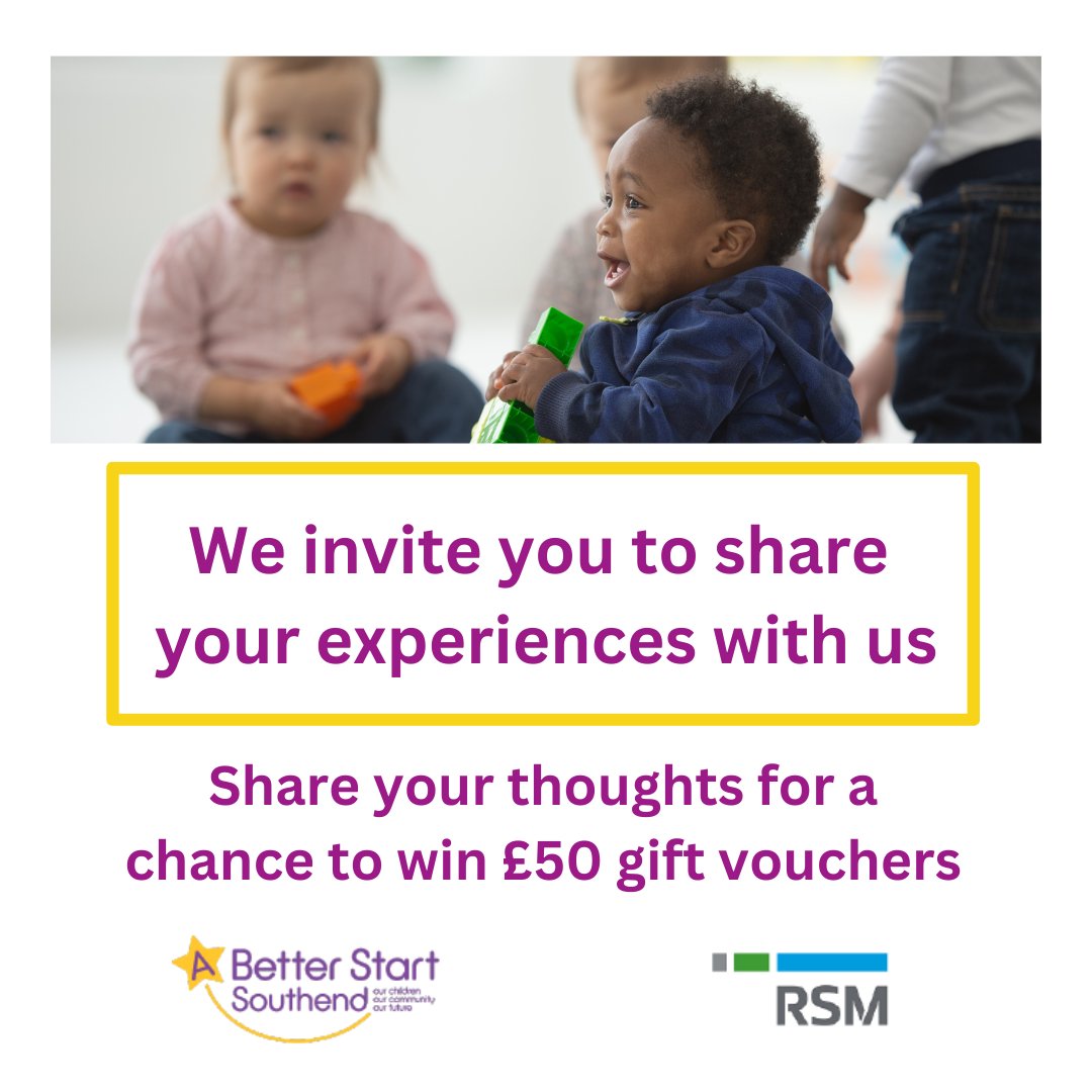 Are you a parent or carer of a child under 4? 
Are you or your partner pregnant?
Complete this survey to be entered into a free prize draw to win one of five £50 gift vouchers: bit.ly/3MULBUE

@RSMUK 
 @ABSSouthend 
#ABetterStartSouthend #SouthendsBestStart #RSMUK