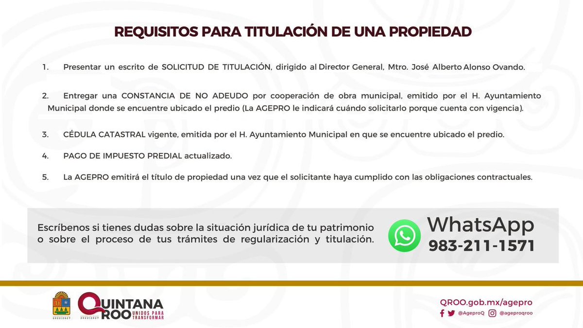 AgeproQ's tweet photo. #Atención | Te compartimos los requisitos para obtener tu título de propiedad. Si tienes alguna duda, llama al teléfono 983-211-1571 o escríbenos por WhatsApp. La atención es gratuita. #UnidosParaTransformar #NuevoAcuerdo #QuintanaRoo #AGEPRO https://t.co/zmRCt38nkg