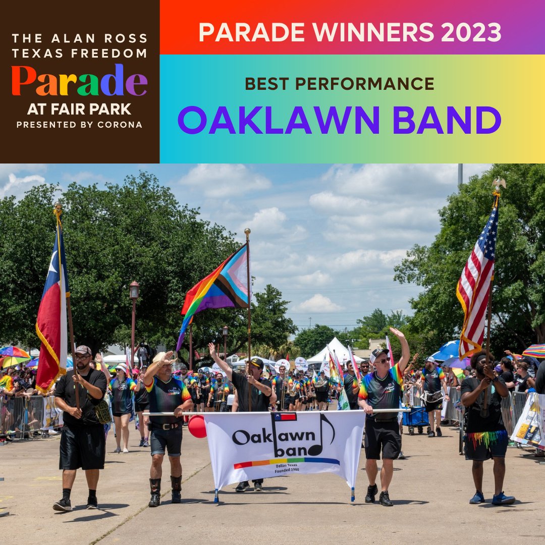 Congratulations to our fabulous organizations that have taken home a prize for their pride in the Dallas Pride Alan Ross Texas Freedom Parade!

From among the 140 parade entries, the winners are:
Best Performance: Oaklawn Band
Best Walking: Cathedral of Hope
Best Costumes: Amazon