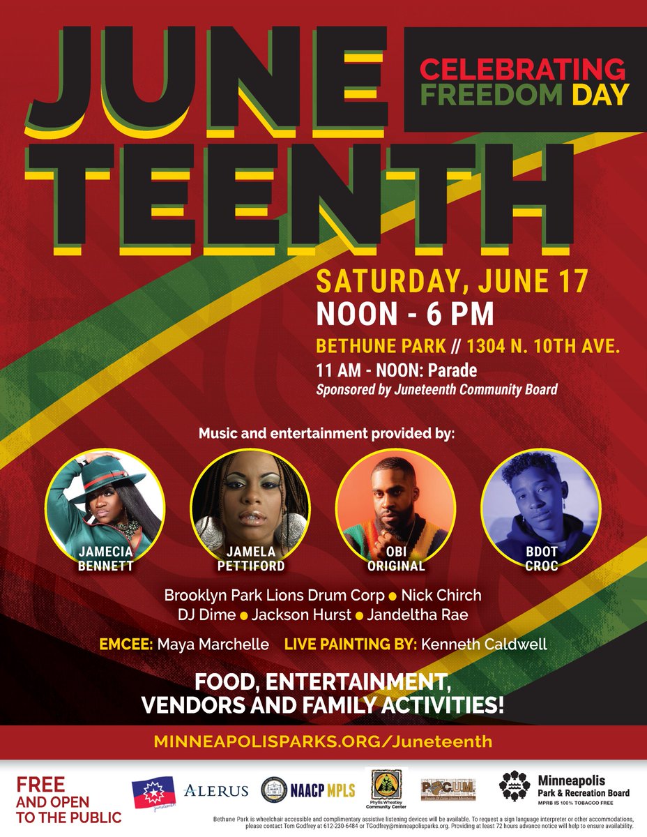 The annual Juneteenth Celebrating Freedom Day event is Saturday, June 17, 12-6 pm at Bethune Park, 1304 N 10th Ave. Join us for great food, art, and family activities, along with a packed music and entertainment lineup. Details at minneapolisparks.org/activities-eve…