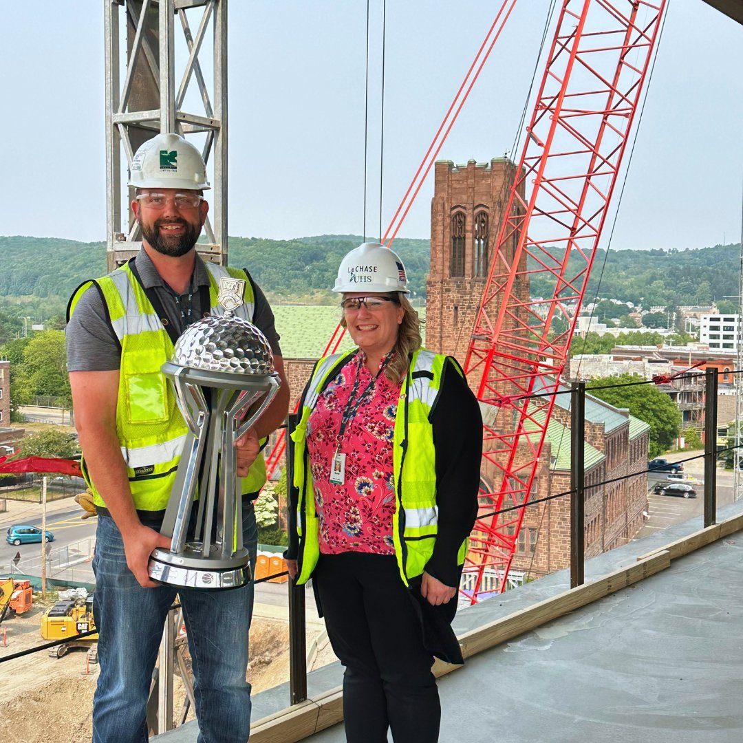 The sky was the limit on stop #10 on top of the UHS Wilson Main Tower 🏆 This is part of the expansion of UHS Wilson Medical Center that will deliver the next generation of care to the Greater Binghamton area.

#WhereToNext #TrophyTour #DSGOpen